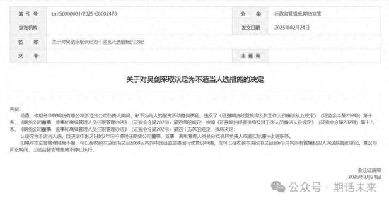 浙江证监局对华联期货浙江分公司负责人吴剑非法配资行为采取监管措施